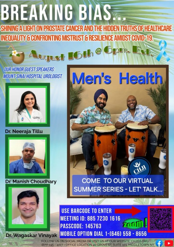 Flier for Breaking Bias prostate cancer Zoom call on August 16, 2024